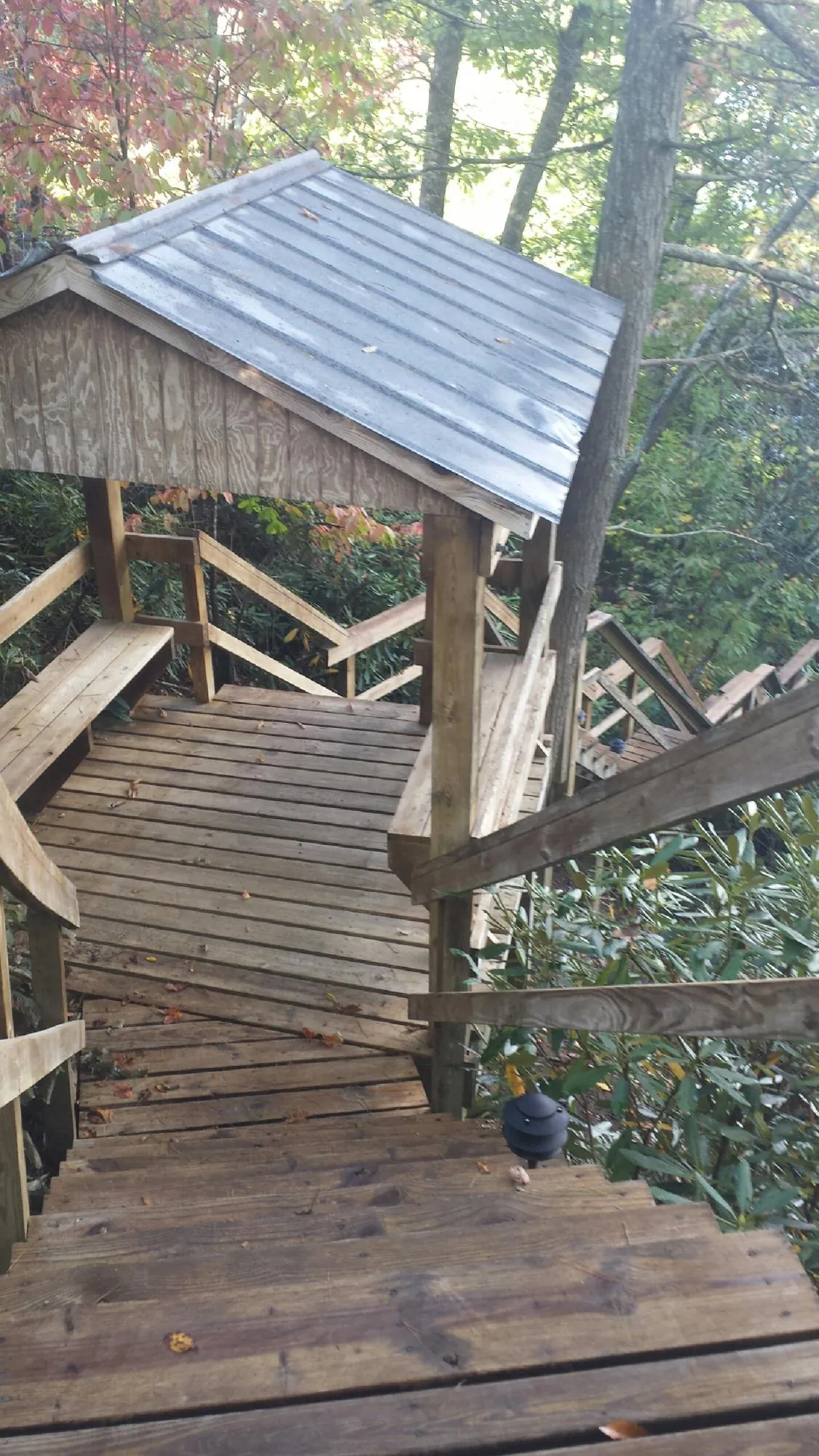Metal roofed shelter over wooden steps on a wooded walkway — Skylight Repair & Installation work by our crew in Swansea